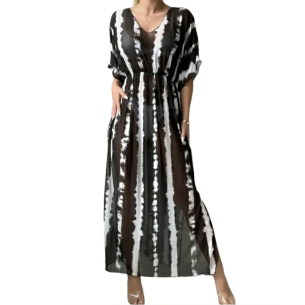 Swim Cover Up Dress Black White Stretch Flattering Semi Sheer π NEW - Picture 1 of 8